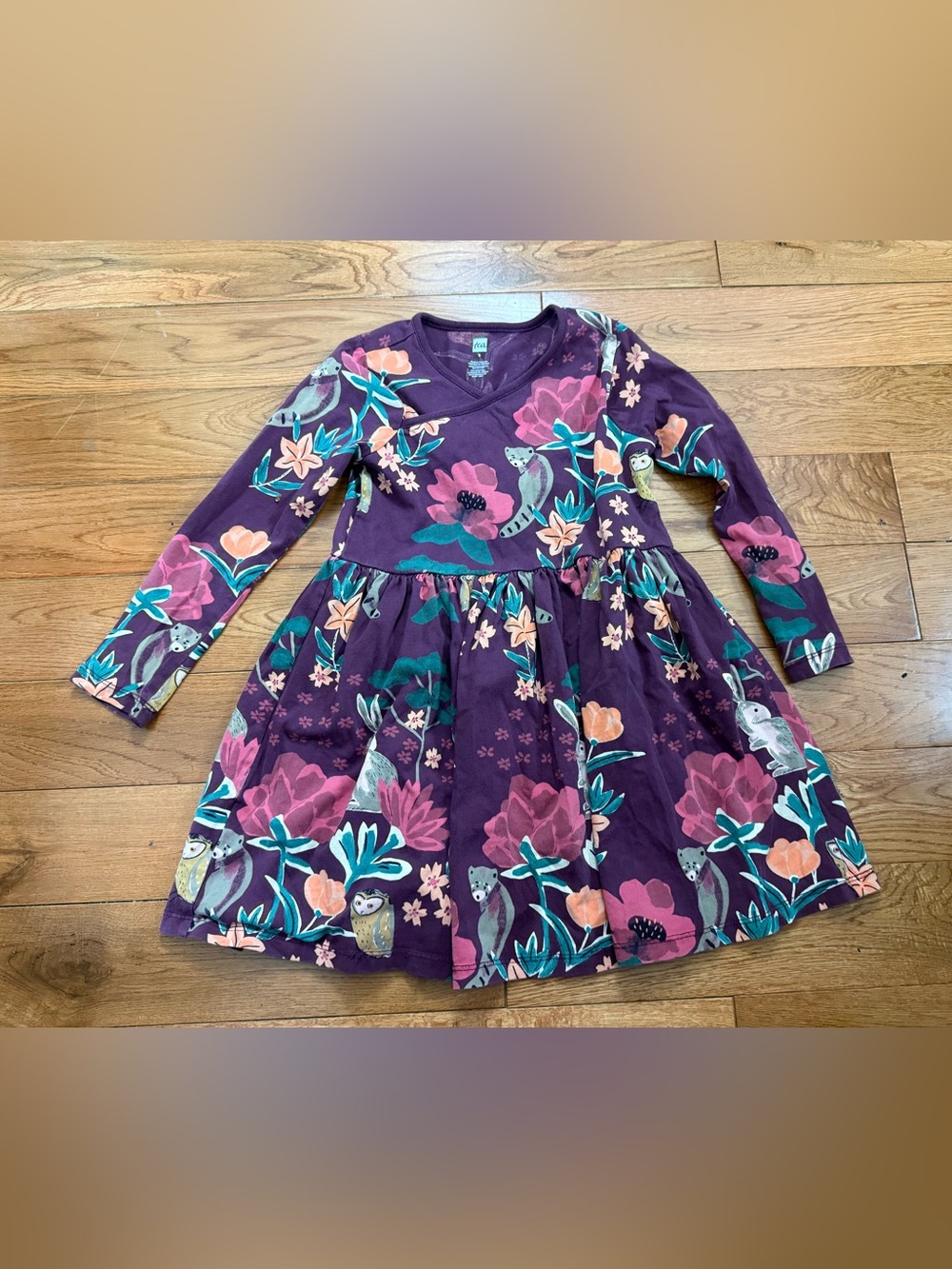 Tea Collection Long Sleeve Wrap Neck Woodland Animals/Floral Girls Dress